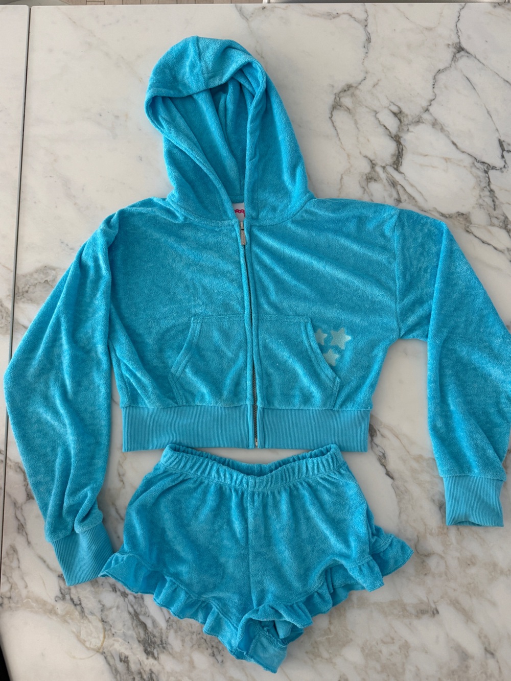 Girls' Turquoise Terry Hoodie & Ruffle Shorts Set - Casual Zip-Up